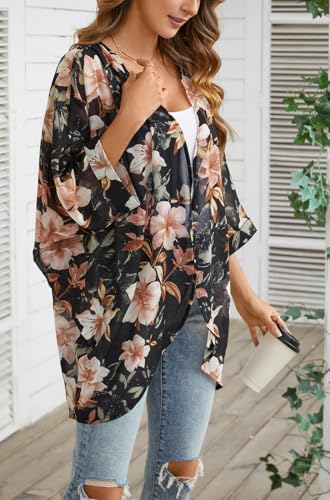 olrain Women's Floral Print Sheer Chiffon 3/4 Bat Sleeve Casual Loose Kimono Cardigan Capes (Large, BlackDarkPink) - Thumbnail 5