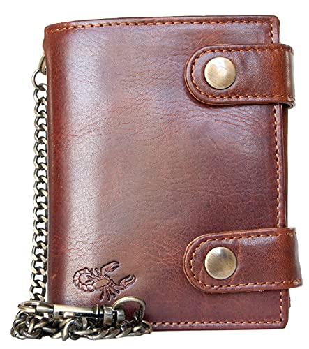 FLW Billetera marrón estilo motero de cuero genuino con cadena de metal con el escorpión Cover