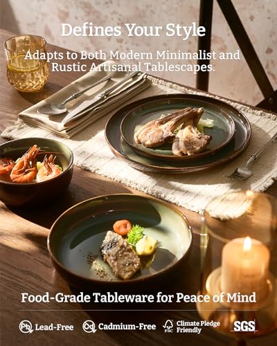 Image of Famiware Milkyway Stoneware Dinnerware Set, 24-Piece, Double Reactive Glaze, Plates and Bowls, Service for 8, Microwave and Dishwasher Safe, Scratch-Resistant, Moss Green & Cocoa