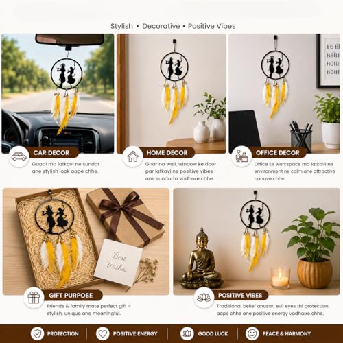 Image of Acrylic Dream Catcher Car Hanging Ornament with Purple and White Feathers - Rear View Mirror Decor for Cars, Spiritual Wall Hanging Decoration for Home, Office and Gift Use (RADHA-KRISHNA-001)