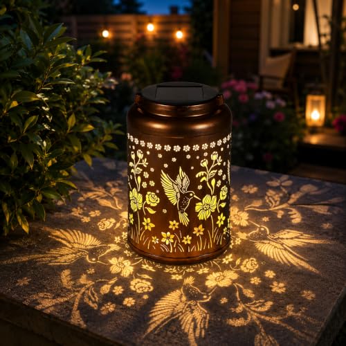 UDropMore Solar Hanging Lantern Outdoor Waterproof, Metal Jar Light with Hummingbird Floral Cut Design, Warm LED Decorative Garden Light for Balcony, Patio, Yard & Home Décor (4)