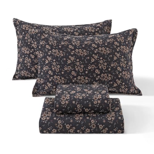 Image of Vintage Dark Floral Muslin Bed Sheets Queen Size Deep Pocket, 4Pcs