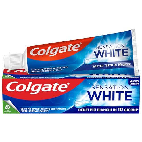 Dentifricio Colgate Sensation White 75ml | dentifricio sbiancante per i denti | sbiancante clinicamente testato | sbianca in 10 giorni | con micro-cristalli pulenti attivi