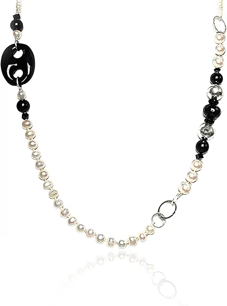 Handmade black agate and classic white freshwater pearl necklace. Textured silver loops and beads. 30" strand. Mothers Day - Gift for Mother, Wife, Anniversary Luxury Jewelry Gift