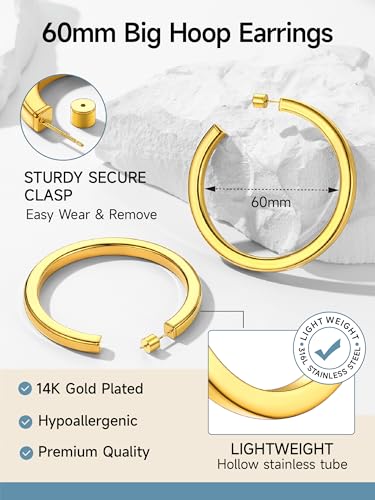 Image of Stainless Steel Chunky Hoop Earrings For Women, Minimalist and Chic, Black /Gold Plated, Round Hoops Earrings Hypoallergenic, Size: 30mm /40mm /60mm /80mm, Come with Box