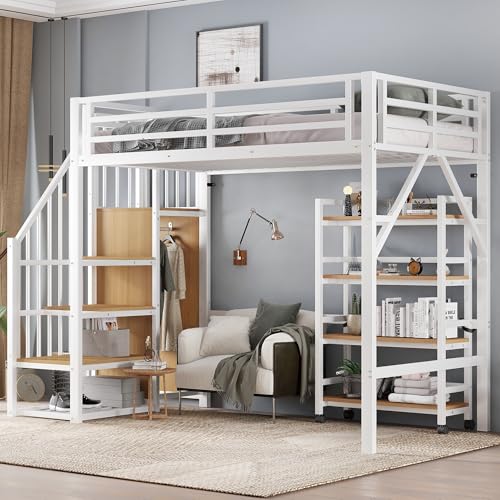 Merax Hochbett Metallbett 90x200cm, Platzsparend Etagenbett mit Offener Kleiderschrank, Vierstöckiges Regal mit Rollen, Stockbett mit Rausfallschutz, Sichere Treppe, Funktionsbett Jugendbett, Weiß – Bild 5
