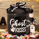Nefelibata Halloween Candy Dish Ghost Mini Candy Bowl with Buffalo Plaid Bowknot Wooden Beads Ghost-KISSES Ceramic Canister Tiered Tray Decor Trick or Treat Table Centerpiece Decoration