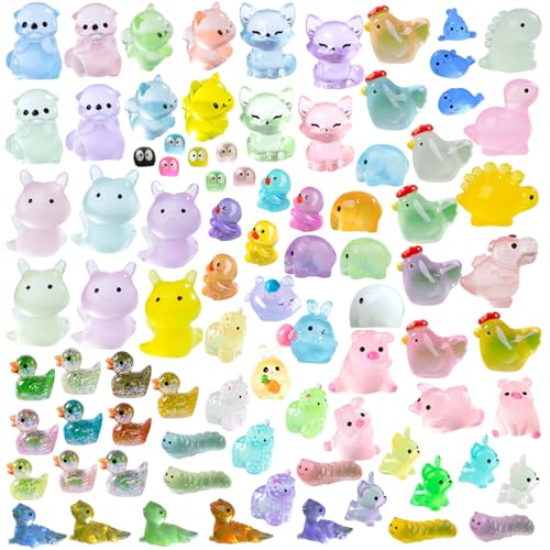 JIUDUOYUAN 200 Pcs Luminous Mini Resin Animals Mini Figures to Hide Tiny Resin Animals Glow in The Dark Miniature Animals Figurines for Micro Dollhouse Landscape Aquarium Decorations