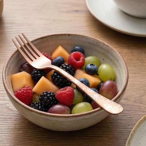 Image of 6.7 inch Rosegold Salad Forks with Floral Printed Handle | Set of 5 Durable Stainless Steel Fruit Forks | Mirror Polished Silverware for Home, Restaurants, and Gift Giving