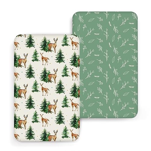 Image of ACRABROS Pack and Play Sheets, Mini Crib Sheets for Boys Girls,Snug Fitted Playard Sheet Bedding Mattress Protector,2 Pack,Blossom Deer&Green Leaf