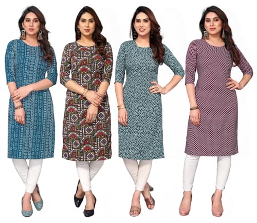 Image of JAKHANA Women's Crepe Printed Casual Straight Calf Length Round Nick Kurta Pack of 4