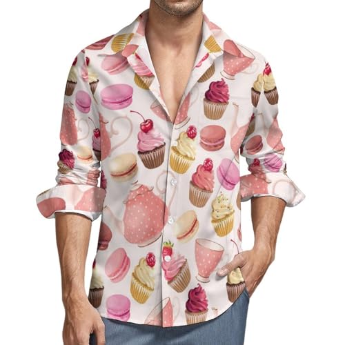 Long Sleeve Button Down Shirts for Men - Macaroon Cupcake Print Pink V-Neck Casual Button Up Shirt Men with Pocket