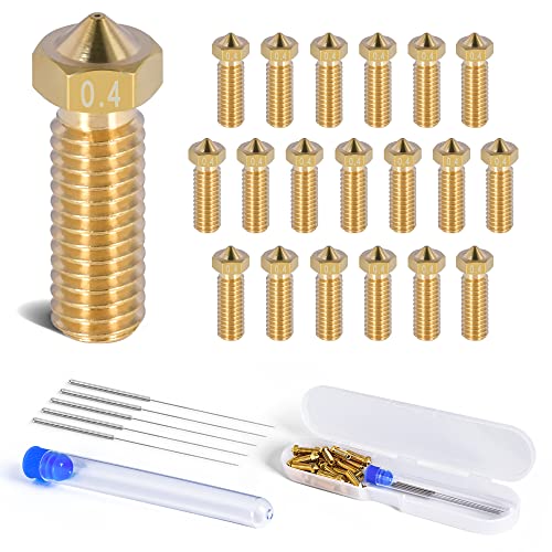 FBBULES 20 pezzi 0.4mm Stampante 3D Volcano M6 Ugelli in Ottone Kit Set, Alta Qualità e Durevole, M6 Ugelli con Estrusione Migliorata per Filamento 1.75mm con 5 Aghi in Acciaio di Pulizia