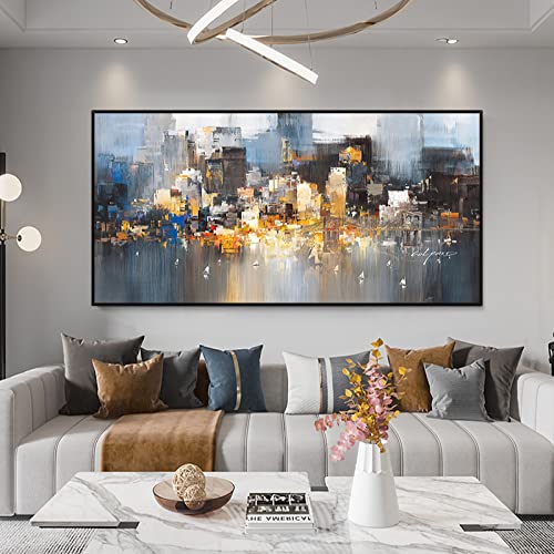 Peinture à l'huile abstraite noir et blanc avec feuille d'or pour salon
