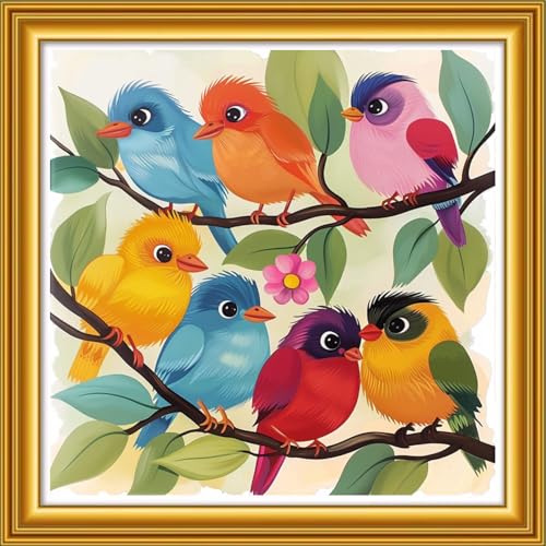 Image of Dooxvey Counted Cross Stitch Kits for Adults 11CT Printed Cross-Stitch Patterns Cross Stitching Embroidery Kit Stamped or Counted Needlepoint Kits- Colorful Birds on the Tree 18x18 inch