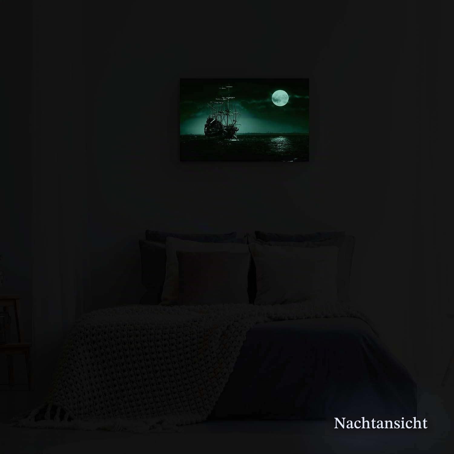 Startonight Bilder Schiff und Mond am Blauen Meer, Leinwandbilder Moderne Kunst, Landschaft Wanddeko Kunstdrucke, Wandbilder Schlafzimmer 60 x 90 cm, Tag Nacht Effekt, Elegante Geschenkidee Deko