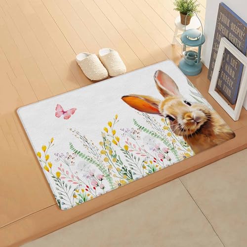 Easter Rabbits Kitchen Bath Door Mat Cushioned Runner Rug,Washable Welcome Floor Sink Antifatigue Mat,Waterproof & Non-Slip Comfort Standing Doormat,Easter Bunny Botanical Wildflower Leaves 18