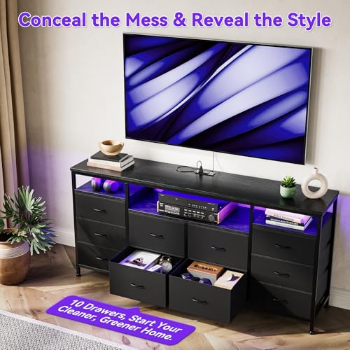 63.3 Inch Black Dresser for Bedroom, 10 Drawer Dresser TV Stand for 65 70 75 Inch TV, Fabric Chest of Drawers with LED Lights & Power Outlets, Long Entertainment Center for Closet, Living Room, Entryw