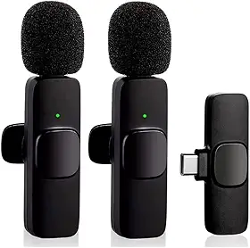 Microfone Lapela Duplo Sem Fio Compatível com Android USB Tipo-C, Redução de Ruídos, Alto Alcance - Ideal para Gravações, Transmissões ao vivo, Podcast, Conferências e Entrevistas