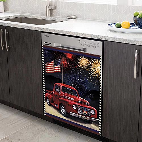Barn Star Dishwasher Magnetic Cover American Flag Sticker Country Truck Refrigerator Door Magnet,Fireworks Vinyl Panel Decal Kitchen Decoration Home Appliance Stickers For Fridge 23"X26" #TOP3