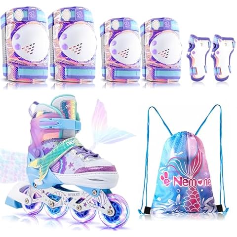 NEMONE Mermaid Inline Skates (Purple M) with Protective Gear Set Knee Elbow Wrist Guards Pads for Kids Girls (Purple M) Cover