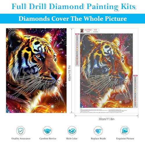 Image of HEIBAGO Tiger Diamond Art Kits for Adults, Diamond Painting Kits for Adults Beginners, 5D Full Drill Round Diamond Art Painting, DIY Diamond Dots for Adult for Home Wall Decor 12 x 16 Inch