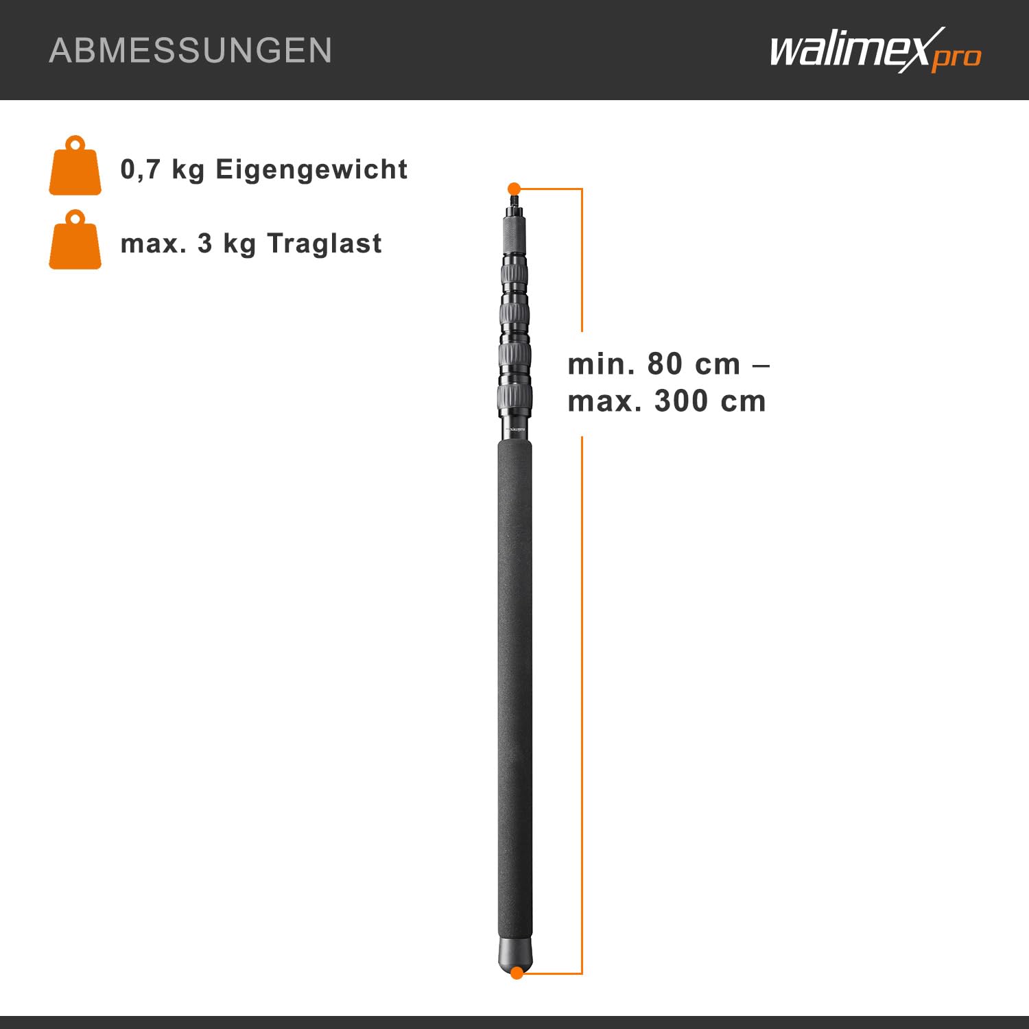 Walimex pro Tonangel MicPipe und Handstativ - 900 x 40 x 40 mm / max. Länge 3 m - mit 3/8" Gewinde und Kabelführung für Kabel mit max. 7 mm - Mikrofon-Angel für Mikro Video Zubehör