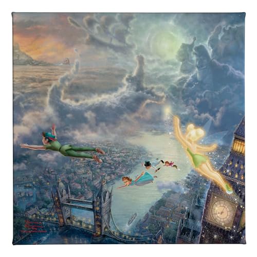 Image of Thomas Kinkade Disney Tinker Bell and Peter Pan Fly to Neverland 14" x 14" Gallery Wrapped Canvas | Frameless Room Wall Art | Certificate of Authenticity Included