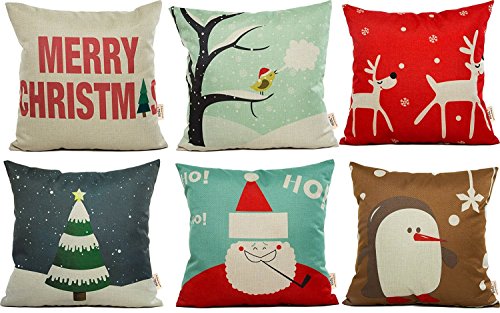 HOSL PSD21 Merry Christmas Cotton Linen Square Decorative Throw Pillow Case Cushion Cover (Set of 6)