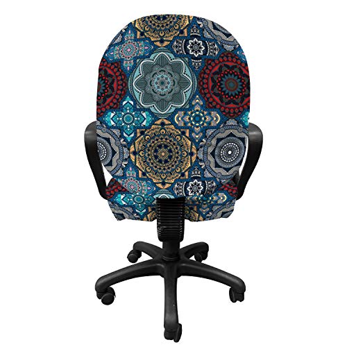 Ambesonne Moroccan Office Chair Slipcover, Patchwork Style Vintage Ottoman Inspiration Retro Motifs, Protective Stretch Decorative Fabric Cover, Standard Size, Brown Blue #TOP1