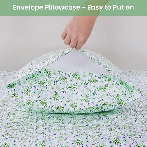 Image of Softan Green Floral Twin Sheet Set, 3-Piece Cozy Botanical Microfiber Printed Fitted Bed Sheet with 15 inch Deep Pockets & Non-Slip Straps, Fresh Greenery Blooms Patterned Sheets & Pillowcase Set
