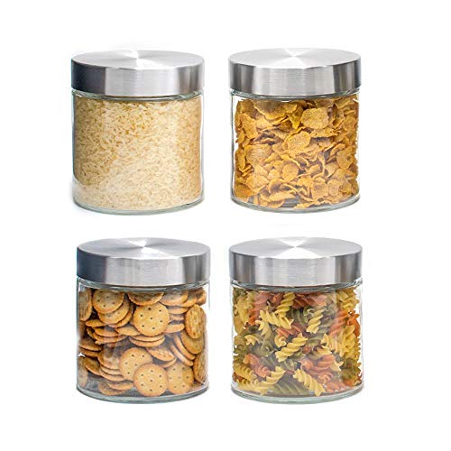 4 PCS Tarros De Cristal Con Tapa De Acero Inoxidable, 830ML Botes Recipientes Para Alimentos Hermeticos De Vidrio Para Cocina, Almacenaje De Legumbres, Galletas, Espaguetis (4 Botes, 830 ML)