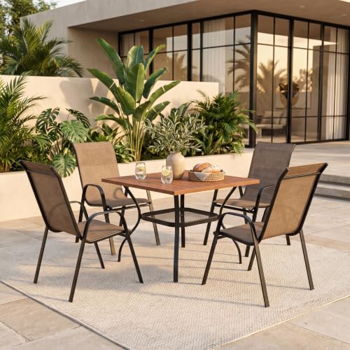 Image of VICLLAX 5 Pieces Patio Dining Set, Outdoor Table & Chairs for 4, Walnut