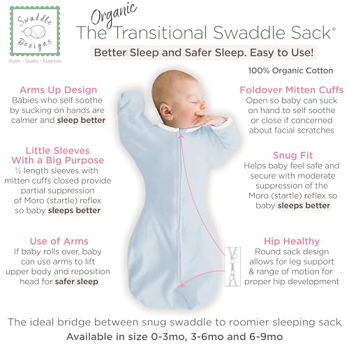 Image of SwaddleDesigns Organic Transitional Swaddle Sack, Arms Up Half-Length Sleeves & Mitten Cuffs, Most Gradual Transition Swaddle