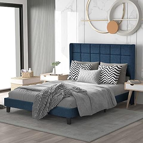 KecDuey Cama tapizada doble con somier, 140 x 200 cm, color azul Cover