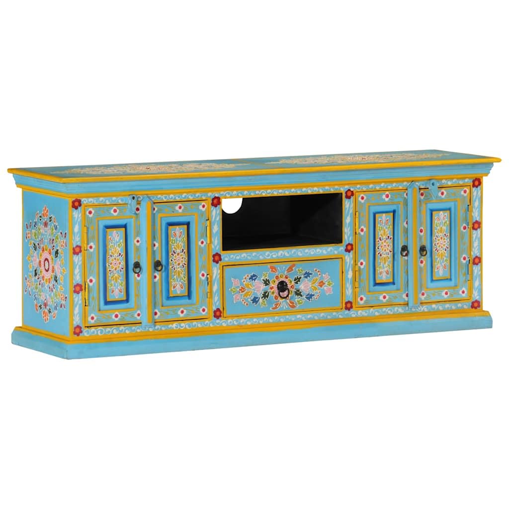 Szafka TV niebieska 110 x 30 x 40 cm, lite drewno mango, ręcznie malowana, styl retro, centrum rozrywki do salonu, konsola TV