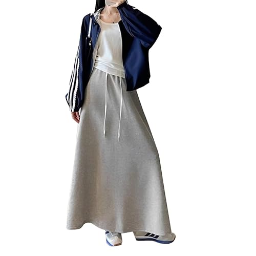 [Minax] ロングスカート レディース スウェットスカート マキシスカート ウエストゴム 楽ちん 体型カバー カジュアル 無地 シンプル 春 秋 冬 大きいサイズ h410(グレー,M)