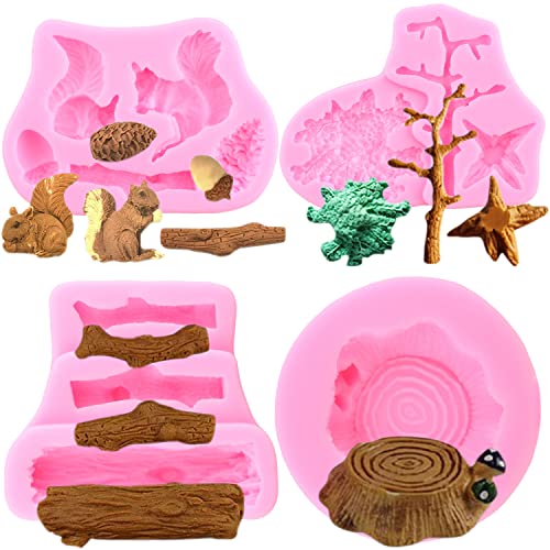Mujiang Forest Themed Fondant Molds Animal Tree Trunk Squirrel Pinecones Tree Stump Silicone Mold...