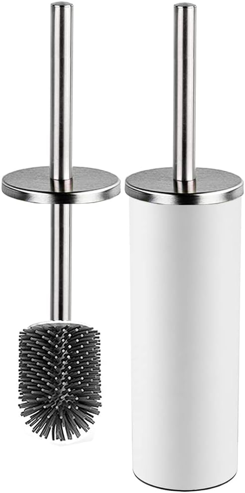 Toilet Brush and Holder,Stainless Steel Lid Handle,Silicone Deep Cleaner Toilet Brushes with Quick Drying Holder Set for Bathroom Toilet(White)