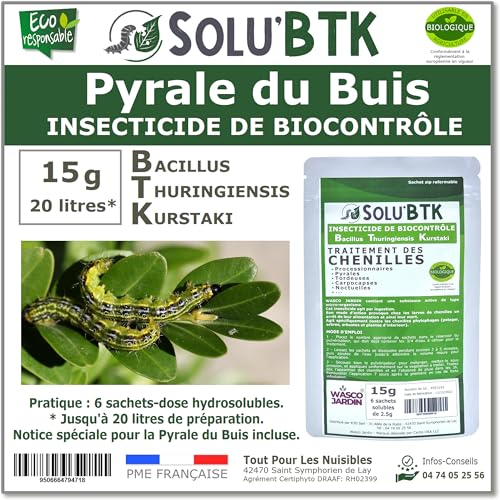 SoluBTK - Pyrale du Buis BTK 15 g – 6 Doses Hydrosolubles – Bacillus Thuringiensis – Traitement Anti Chenilles Buis – Insecticide Biologique