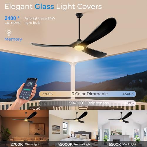 Image of Outdoor Ceiling Fans with Lights-Glass Lamp, 52 inch Damp Rated Wood Propeller Blades for Patios & Porch, Smart APP and Remote Control, 3 Blades Dimmable LED Ceiling Fans, High CFM 6 Speed-Black