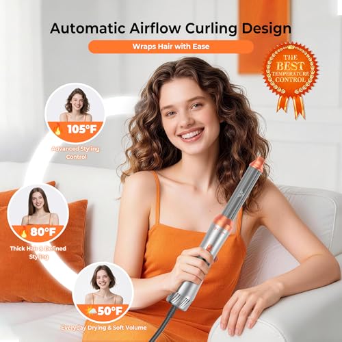 Image of 5 in 1 Blow Dryer Brush,110-120V Hair Dryer Brush, Fast Drying & 3 Adjustable Temperatures Hot-Air Hair Brushes, Detachable Hair Styler Set for Curling /Volumizing /Straightening /Styling (Silver-Orange)