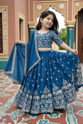Image of Kids Chiffon Lehenga Choli, Embroidered Elephant and Floral Print, Festive Ethnic Wear with Dupatta