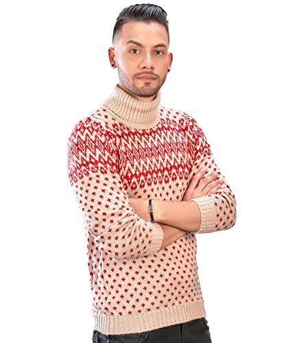 Men’s Turtleneck Sweater for Christmas Season – Winter Jumper in Red and Beige Alpaca Wool3