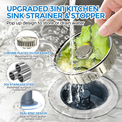 Image of zaa Kitchen Sink Drain Strainer - Kitchen Sink Stopper, 304 Stainless Steel Sink Drain Stopper, Sink Protector for Kitchen with Anti-Clog Filter, Fit US Standard 3-1 /2'' Sink Drain Hole, Nickel