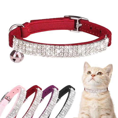 BINGPET Diamond Cat Collar with Bell, Adjustable Soft Velvet Bling Rhinestone Cat Collar, Sparkly Kitten Collar with Safety Elastic & Metal Buckle for Small Medium Cats
