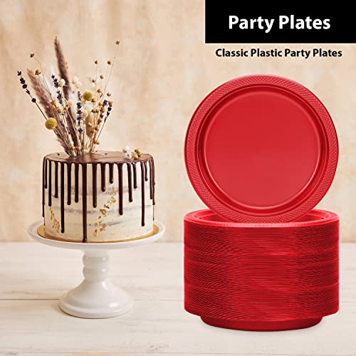 Hanna K. Signature Collection Red Plastic Plates, 9‑Inch Round, 50 Count – Disposable Heavy‑Duty Dinner Party Plates for Weddings, BBQs & Birthdays