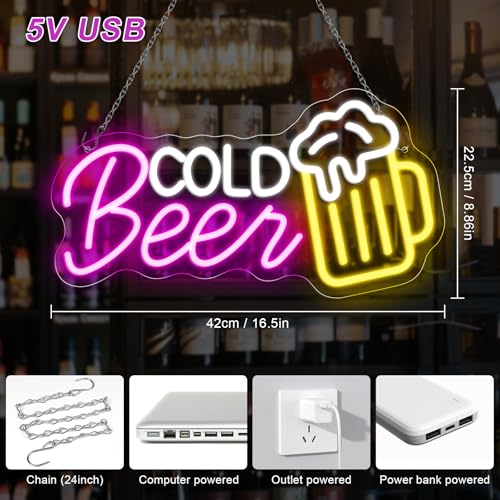 Image of Cold Beer Neon Signs for Wall Decor, 16.5 inchX 9 inch Dimmable LED Neon Sign Powered by USB with ON /OFF Switch, Bright High Visibility Light Up Neon Signs for Home Beer Club Party Gift