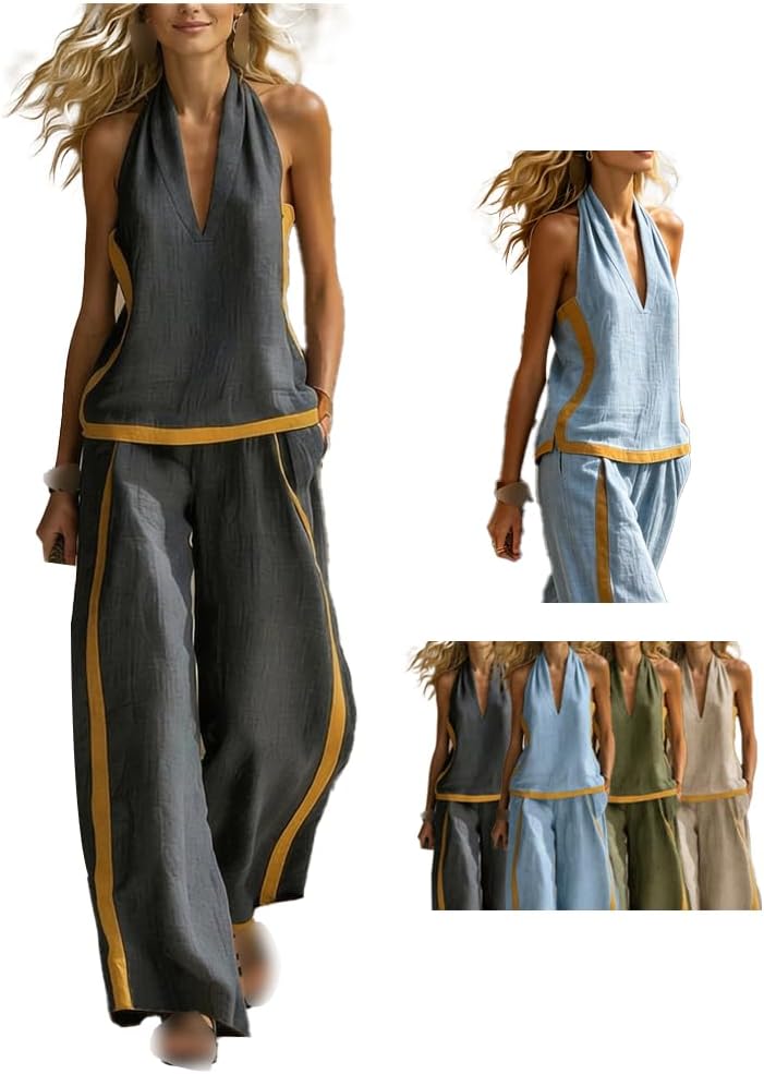 Stylish Color-Block Line Design Cotton-Linen Two-Piece Set, Womens Contrast Trim Halter Linen 2 Piece Set Summer Vacation