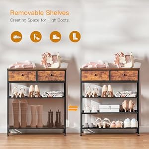 usikey Shoe Rack 4 Tier Shoe Storage Organizer with 2 Drawers Metal Shoe Shelf for 9 12 Pairs of Shoes with 3 Fabric Shelves and Wooden Top Shoe Stand for Closet Entryway Rustic Brown